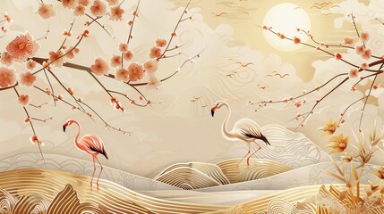 Fototapeta premium The most luxurious gold oriental style background modern. Chinese and Japanese oriental line art with golden textures. Wallpaper with Cherry blossom flower and Flamingo. Ocean and wave wall art.
