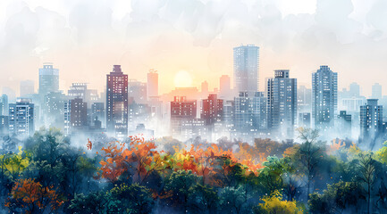 From Smog to Serenity: Watercolor Narrative of Urban Cooling and Clean-up - obrazy, fototapety, plakaty