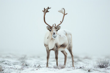 Solitary White Reindeer in a Snowy Tundra