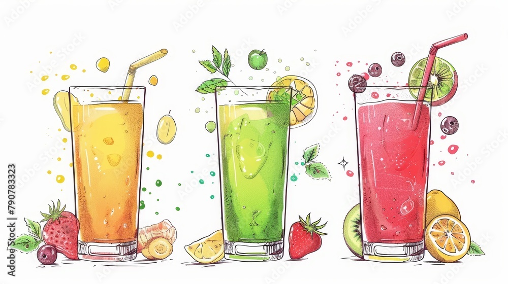 Wall mural The design of fruit refreshment drinks, smoothies, and sparkling drinks with cute doodles. Modern illustration blend smoothie for logo, ads, promotion, marketing, and banner ads.