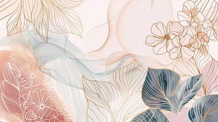 Wild Flowers line art background modern. Luxury abstract art background with artificial flowers, gold leaves, eucalyptus, and hydrangeas. Inspiration for botanical backgrounds.
