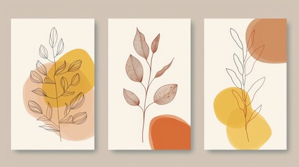 The botanical wall art modern set is an Earth tone boho foliage line art drawing with abstract shape. It is suitable for using as a print, cover, wallpaper, minimalism wall art.
