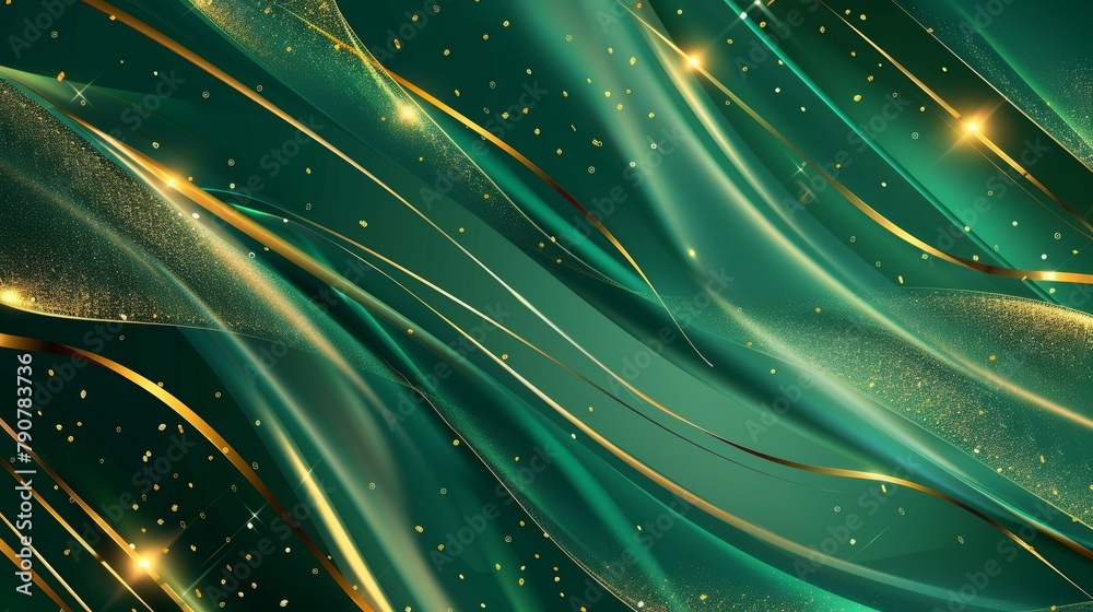 Aufkleber This green background modern features abstract emerald and golden lines with a glow effect. It is perfect for poster designs, ads, sale banners, business presentations, and packaging designs.
