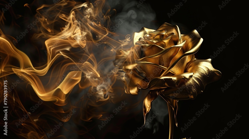 Sticker gold rose with smoke on black background. 3d illustration. close-up