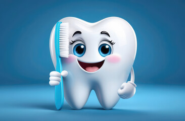 pediatric stomatology. cartoon character of white tooth on blue background holding toothbrush