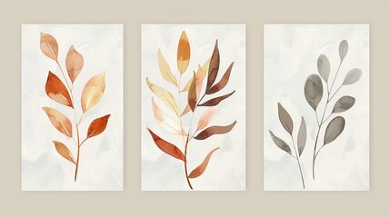 Watercolor botanical wall art. Abstract plant art design for framed prints, canvas prints, posters, home decor. Boho foliage line art drawing with earthy tones.