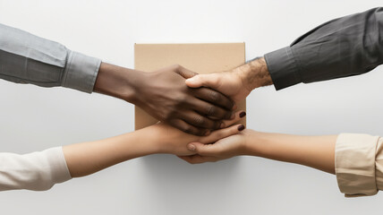 Four diverse hands cooperating to hold a cardboard box on a white background.
