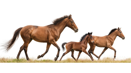 Three brown horses galloping in sequence on a white background with grass at the base.