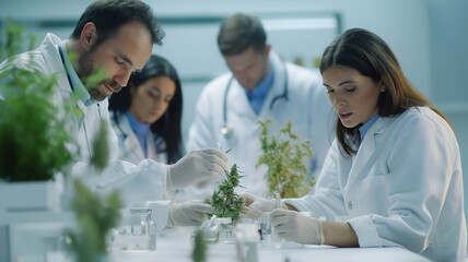 Scientists in lab coats examining plants in a modern laboratory setting.