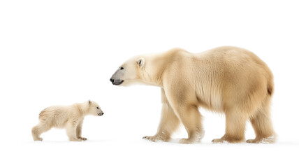 Adult polar bear and cub walking on a white snowy background.
