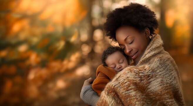 close-up photo of a black mother cradling her sleeping baby in a cozy blanket
