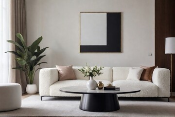 Stylish living room interior with modular sofa, luxury table, stylish vase, and minimal art frame in a perfect composition.