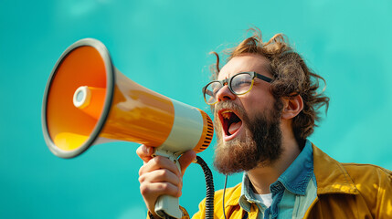  Activism, debate and leadership. Man with tension and emotions shouts into megaphone using it to actively express his displeasure. Man uses loudspeaker to loudly express his displeasure or protest.