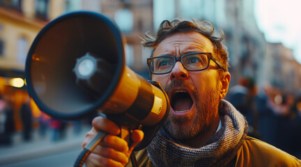  Activism, debate and leadership. Man with tension and emotions shouts into megaphone using it to actively express his displeasure. Man uses loudspeaker to loudly express his displeasure or protest.