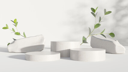 Cylindrical stone product podium with green boxwood branches with sunlight and beautiful shadows on white background. Mock up for product presentation, organic cosmetic and food concept