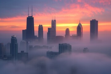 Foggy Urban Dawn with city skyline shrouded in thick fog during the early hours of the morning