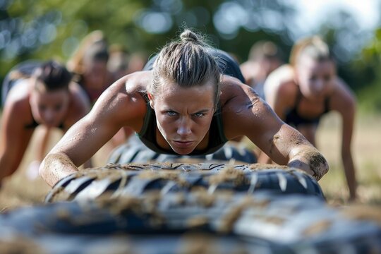 Fitness Bootcamp with group of individuals participating in a high-intensity training session outdoors, with obstacles