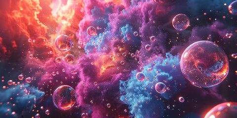  A colorful image of bubbles floating in the air Celestial bodies & cosmic elements in an otherworldly dance realistic depiction of  a cluster of bright color background 
 