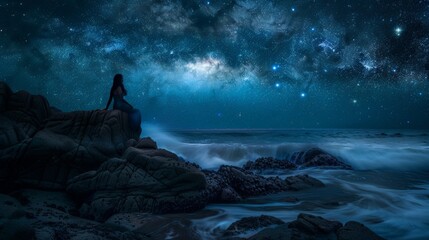 Silhouette of mermaid sitting on a rock, singing under the twinkling stars