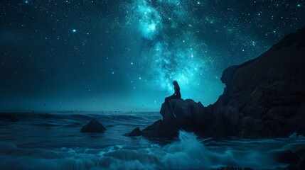 Silhouette of mermaid sitting on a rock, singing under the twinkling stars