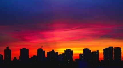 Fototapeta premium Sunset Silhouette with cityscape against the warm hues of a setting sun, with buildings outlined against the colorful sky