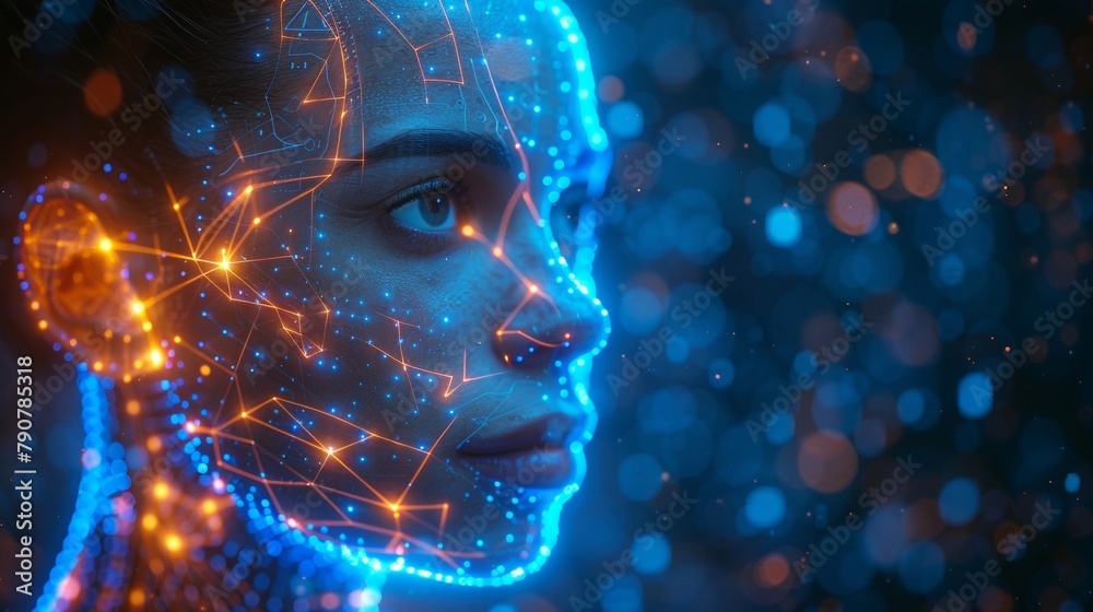 Poster A bald head of artificial intelligence looks thoughtfully at the sky while electrodes connect to the head. In the image we see a humanoid head in profile view. The AI solves a problem.