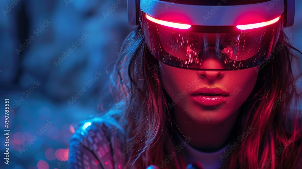 Poster Female robot with banner splash with text game pass for video gaming consoles. Gamers banner with robot woman holding video game pass.
