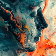 Capture the intricacies of the human mind with an abstract painting using bold colors and swirling patterns, from a high-angle perspective, to evoke feelings of turmoil and tranquility in a surreal wo