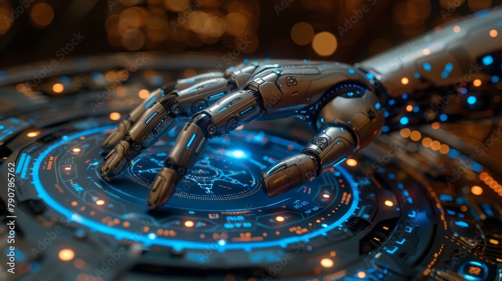 Aufkleber Artificial intelligence (AI) robotic hand taps HUD screen with index finger. A cyborg arm presses a button with an AI logo.