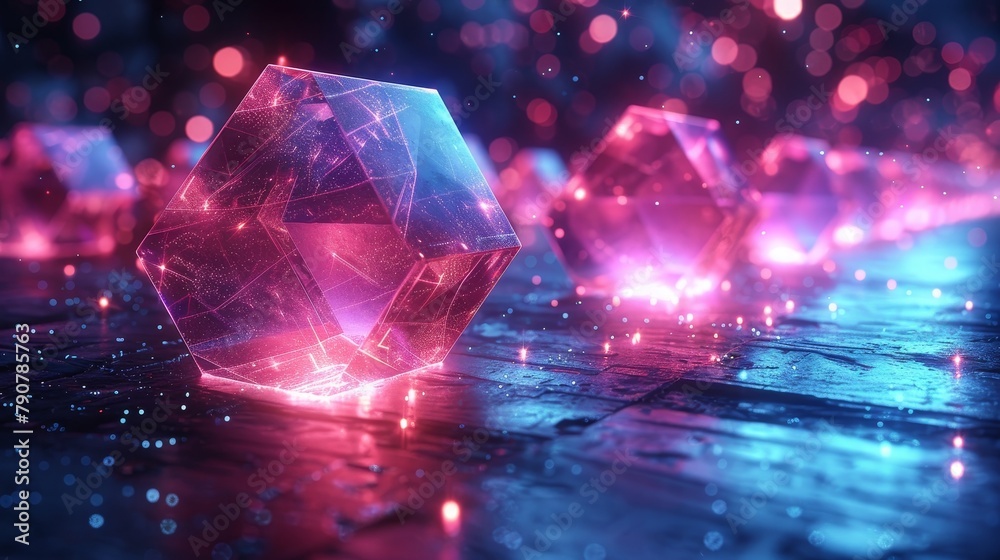 Aufkleber technological background of neon glowing geometric shapes in 3d space on a dark blue background. abs