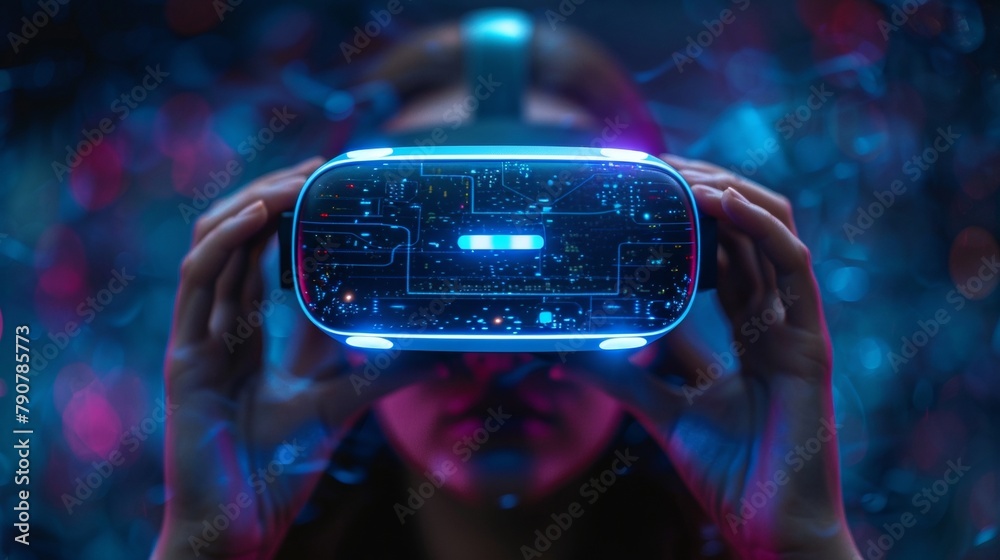 Aufkleber The hand of a VR controller is held high up by a 3D video gamer as he grips a virtual reality gamepad. A VR joystick controller is held in the hand of the VR gamer. VR, AR concept.