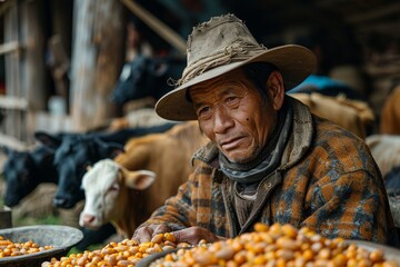 An Asian market vendor in a checkered shirt sells vegetables in front of cows