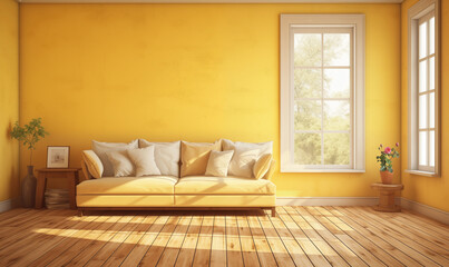 黄色を基調としたインテリア　室内　リビング