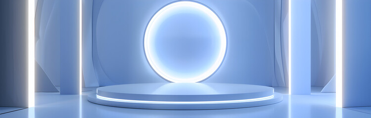 Fototapeta premium Modern Circular Light Stage Installation in a Futuristic Interior with Blue Neon Lights