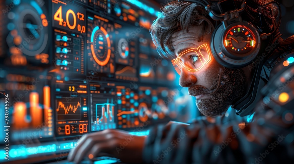 Aufkleber 3D modern character of stock exchange trader on screen laptop. 3D cartoon smiling man showing on stock growth chart. Profit chart for stock market trader on screen laptop.