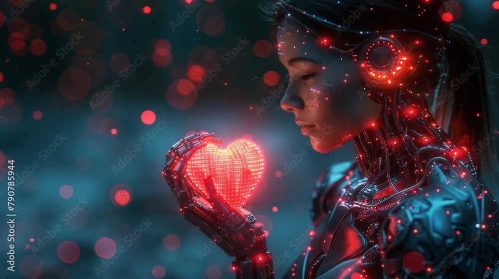 Poster robot woman holding a pixel heart symbol of love. ai banner with artificial intelligence and neural 
