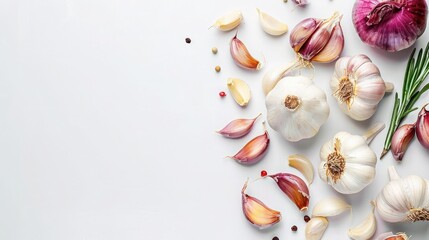 Garlic and Onion on white background with copy space, top view