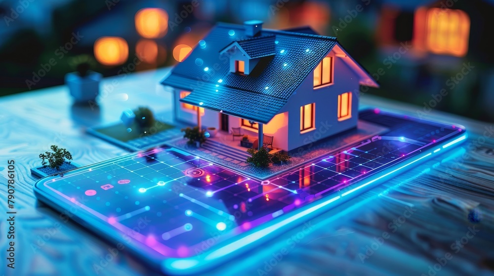Poster a smart home icon over a smartphone screen. an isometric illustration of a smart home system. remote