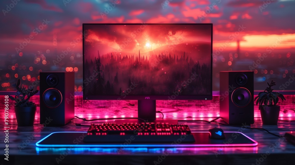 Poster luminous case of gaming pc with empty monitor, keyboard on desk. neon light of gaming pc. desktop co