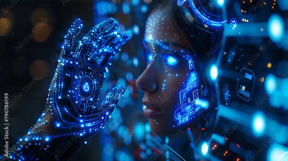 Poster A robot with artificial intelligence, resembling the goddess Kali, works on a head-up display (HUD). Robot with artificial intelligence. Robot with four arms.