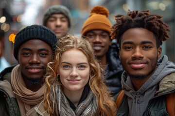 Energetic young friends huddle together for a photo on a city street, showcasing a positive urban gathering