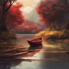 Landscape with a red canoe on the lake.	 - 790786153