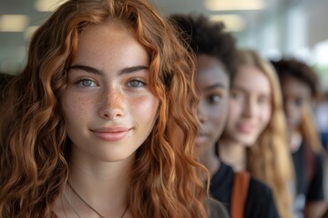 Fototapeta premium Close-up portrait of a girl with captivating green eyes and long curly hair, with a soft focus background