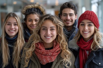 A friendly and cheerful group of young people in warm winter clothing with an indoor setting