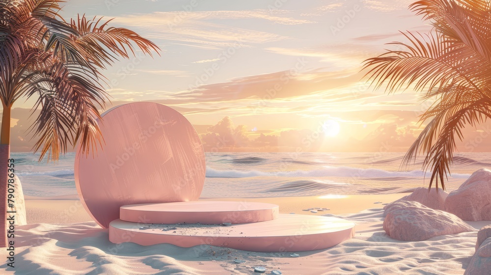 Leinwandbilder 3D rendering of an abstract summer beach scene with a podium background.