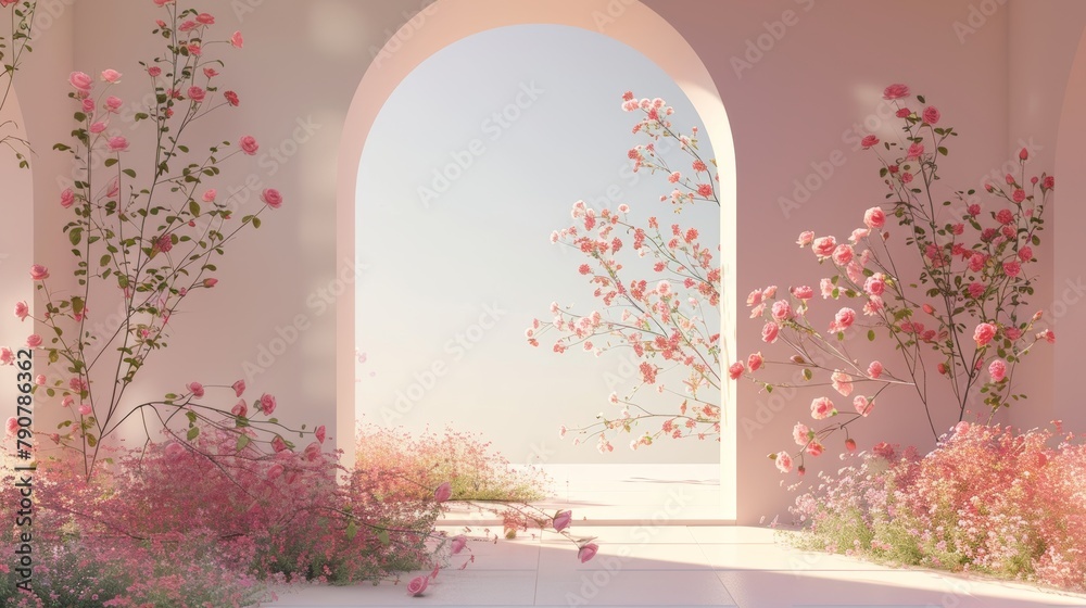 Poster a romantic landscape with geometric forms and a rose garden with the sun as the backdrop with a mini