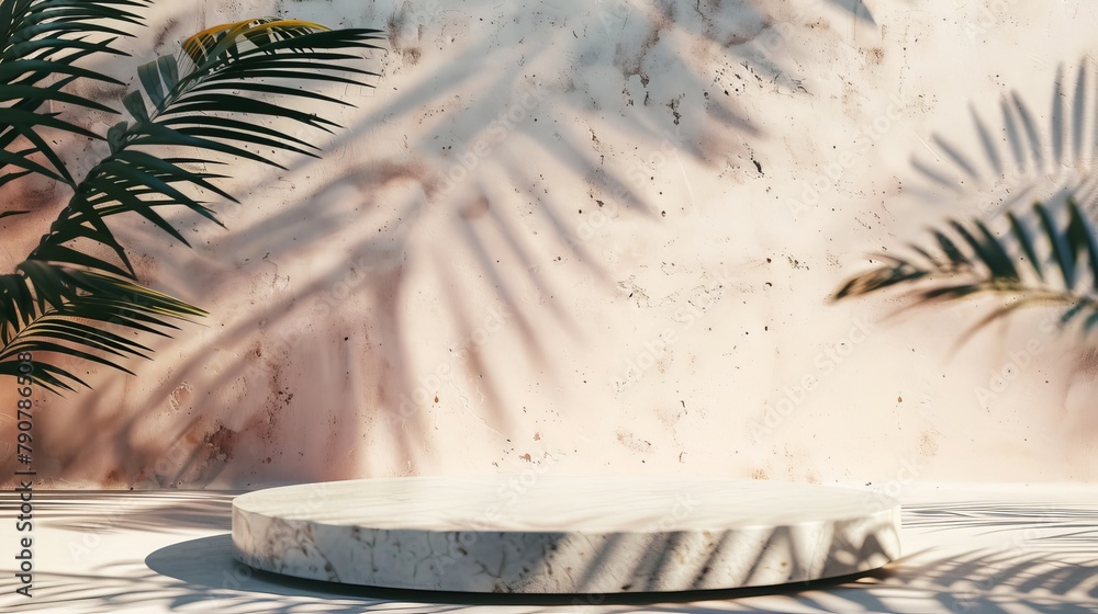 Canvas Prints A natural beauty podium backdrop with tropical palm tree shadow. Terrazzo texture. 3D rendering.