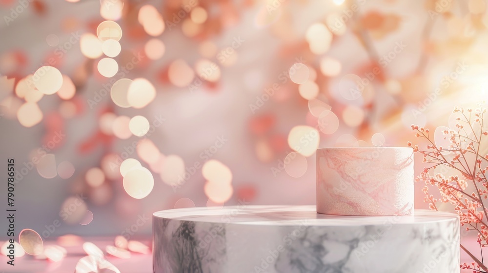 Poster A background with bokeh effect for beauty and fashion with a podium for product display. 3D rendering....