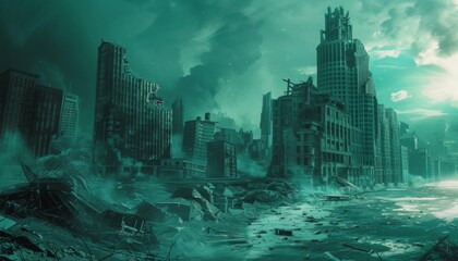 A dystopian cityscape in shades of sky blue and teal, with chartreuse ruins contrasting against a seafoam-touched skyline. A futuristic city crumbles under the weight of past glories - obrazy, fototapety, plakaty