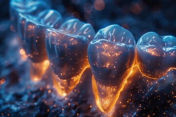 Multiple digitally created teeth glowing in warm amber tones against a dark backdrop represent health and collective care - obrazy, fototapety, plakaty
